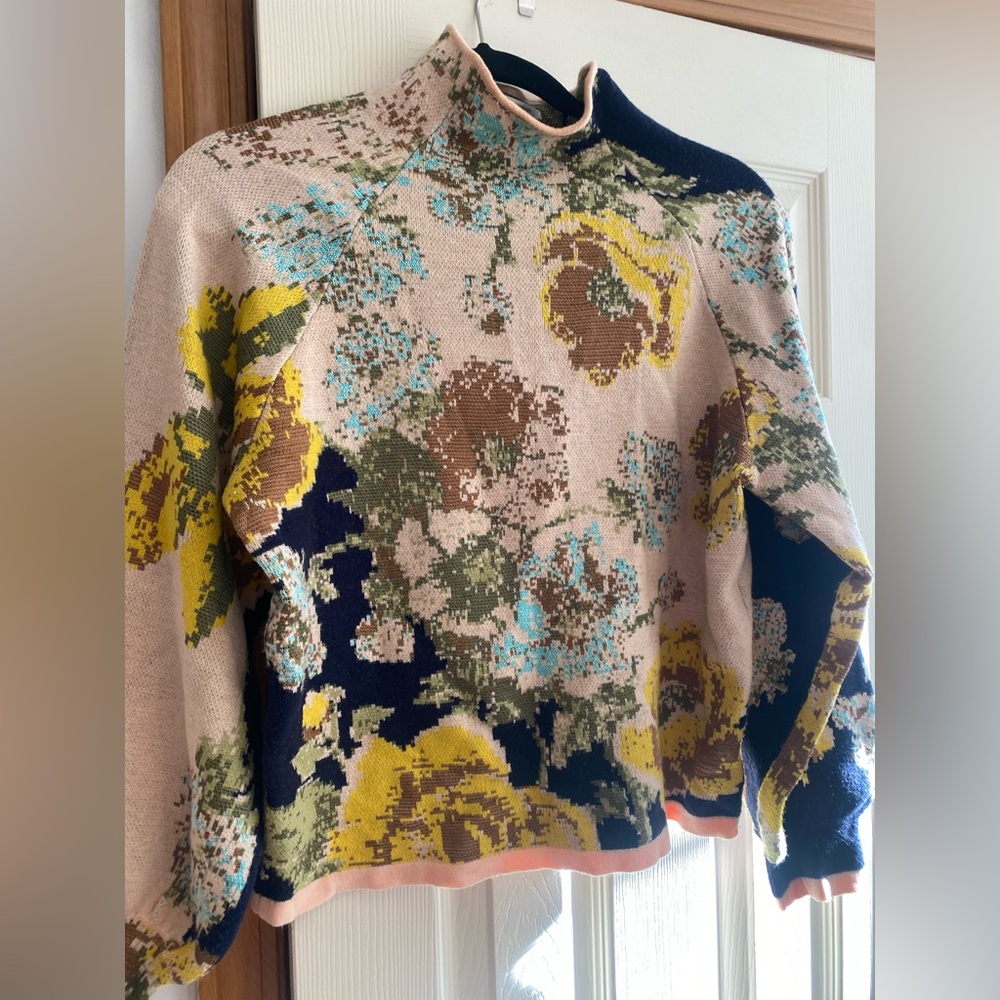 Anthropologie Beatriz Mock Neck Sweater Retro Mod Floral